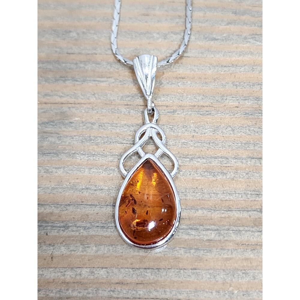 NK Sterling Silver 925 Baltic Amber Pendant With Chain 24"